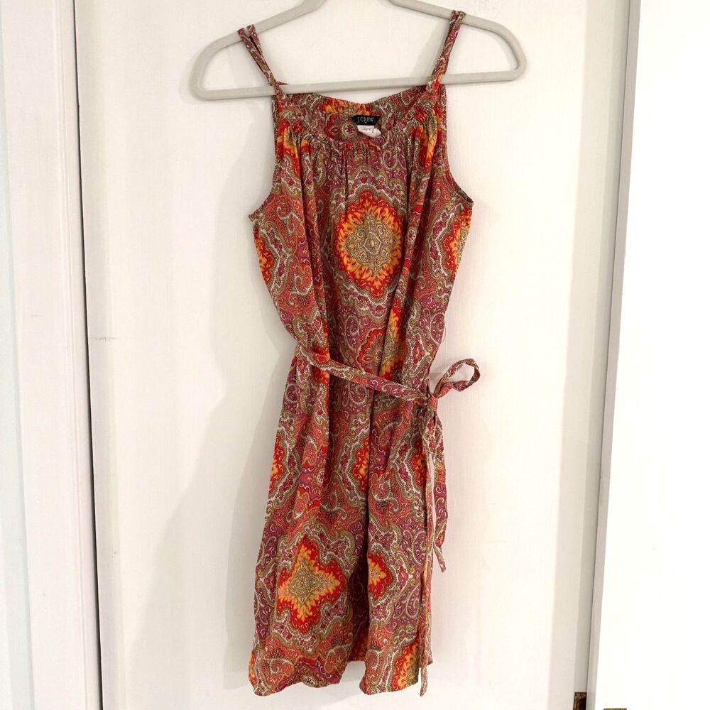 J.Crew Womens M Paisley Sundress Orange Pink Print Belted Waist Adjustable Strap